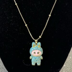 Labubu Monsters Pendant Necklace Blue Crystals and Gold Chain 16” + 2”